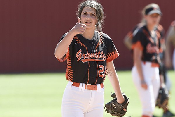 Gravette's Cally Kildow (24) is shown during a game against Farmington in the 4A North Regional Softball Tournament on Sunday, May 5, 2019, in Farmington. 