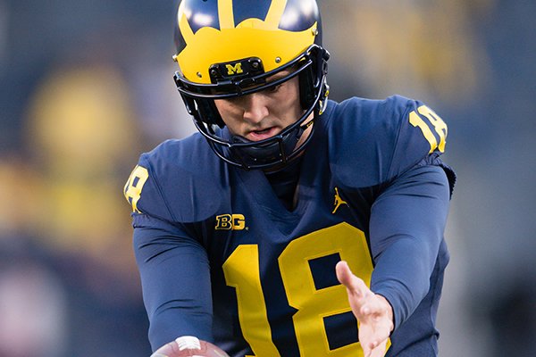 Michigan punter George Caratan warms up prior to a game against Wisconsin on Saturday, Oct. 13, 2018, in Ann Arbor, Mich. 