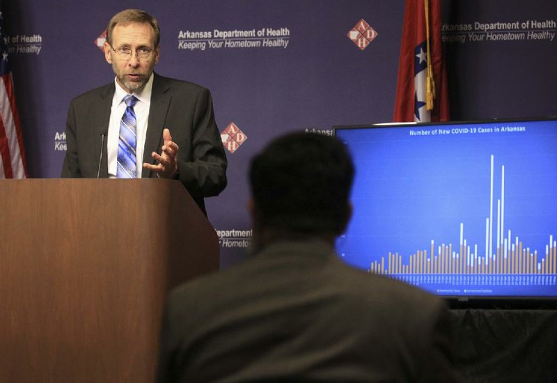 Health Secretary Nate Smith leads the daily coronavirus briefing Wednesday, with Gov. Asa Hutchinson in Washington. More photos at arkansasonline.com/521briefing/.
(Arkansas Democrat-Gazette/Staton Breidenthal)