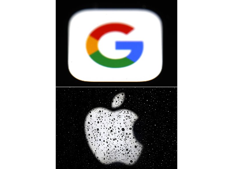 This combo of photos shows the logos for Google, top and Apple, bottom. Apple and Google on Wednesday released long-awaited smartphone technology to automatically notify people if they might have been exposed to the coronavirus. - AP Photo story.lead_photo.caption