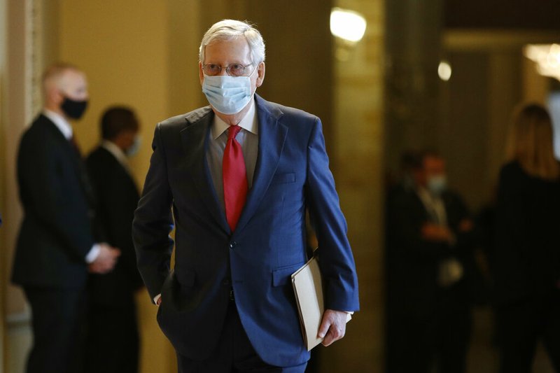 Senate Majority Leader Mitch McConnell of Ky., wears a face mask to protect against the spread of the new coronavirus as he walks to the Senate chamber after meeting with Vice President Mike Pence and Treasury Secretary Steve Mnuchin on Capitol Hill in Washington, Tuesday, May 19, 2020. (AP Photo/Patrick Semansky) story.lead_photo.caption