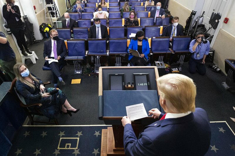 President Donald Trump arrives to speak with reporters about the coronavirus in the James Brady Press Briefing Room of the White House, Friday, May 22, 2020, in Washington.
