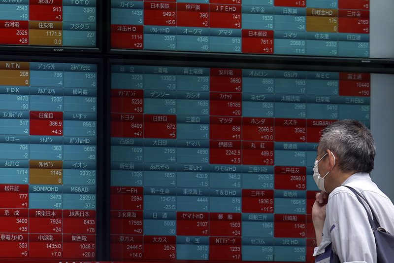 A man looks at an electronic stock board showing Japan's Nikkei 225 index at a securities firm in Tokyo Friday, May 22, 2020. Shares are slipping in Asia as tensions flare between the U.S. and China and as more job losses add to the economic fallout from the coronavirus pandemic. (AP Photo/Eugene Hoshiko) story.lead_photo.caption