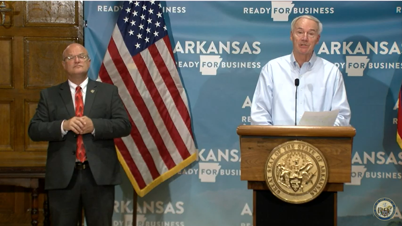 Gov. Asa Hutchinson gives a coronavirus update during a press conference Saturday, May 23, 2020.