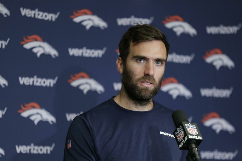 Denver Broncos quarterback Joe Flacco speaks during a news conference following an NFL football game against the Indianapolis Colts, Sunday, Oct. 27, 2019, in Indianapolis. 
(AP Photo/Michael Conroy)