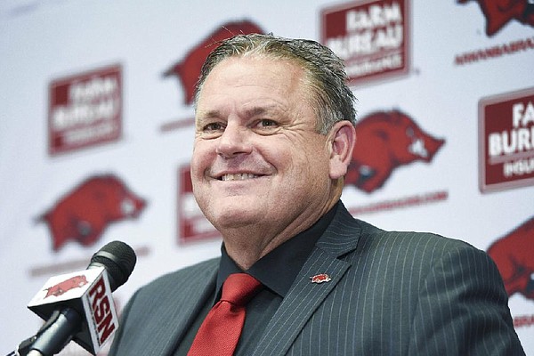 Coach Sam Pittman speaks, Monday, December 9, 2019 during an introductory press conference at the Walker Pavilion in Fayetteville.
(NWA Democrat-Gazette/CHARLIE KAIJO)