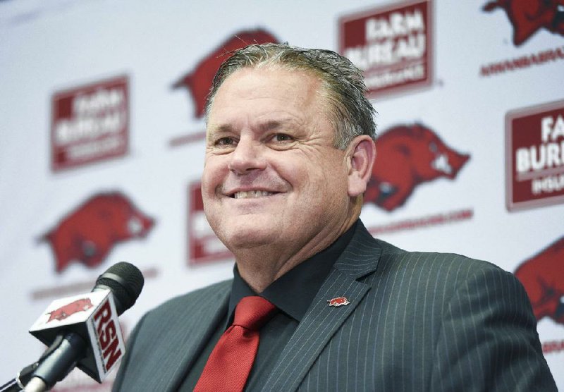  Coach Sam Pittman speaks, Monday, December 9, 2019 during an introductory press conference at the Walker Pavilion in Fayetteville.
(NWA Democrat-Gazette/CHARLIE KAIJO)

