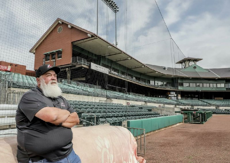 Greg Johnston, the head park superintendent at Dickey-Stephens Park in North Little Rock, stands by the right-field line Friday. While the minor-league season has been delayed because of the coronavirus pandemic, Johnston and his staff continue to maintain the ballpark.
(Arkansas Democrat-Gazette/John Sykes Jr.)