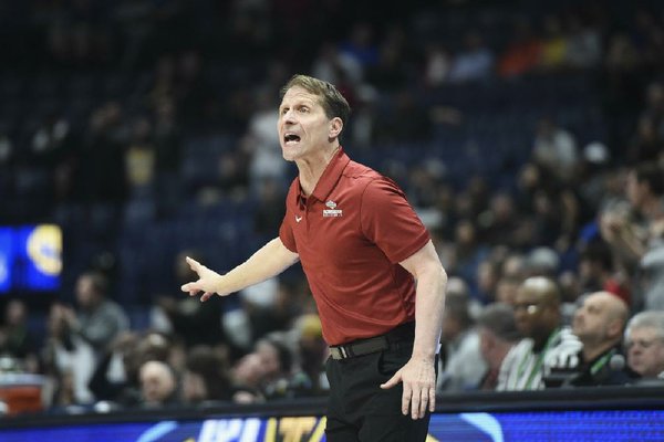 Arkansas head coach Eric Musselman reacts, Wednesday, March 11, 2020 during a basketball game at Bridgestone Arena in Nashville, Tenn. Check out http://nwamedia.photoshelter.com/ for todayÕs photo gallery.
(NWA Democrat-Gazette/Charlie Kaijo)