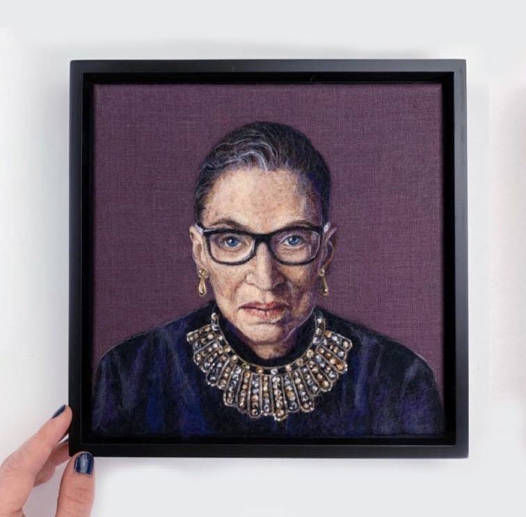 "Justice Ruth Bader Ginsburg," created by fabric artist Dani Ives, is among artworks in an exhibit titled "Sewn In," currently awaiting the reopening of Fenix Fayetteville. Curator Erin Lorenzen promises a virtual tour and some virtual fiber-based activities for folks to do at home will be posted later this month on the artist cooperative's website at www.fenixfayettevilleart.com. (Courtesy Image)