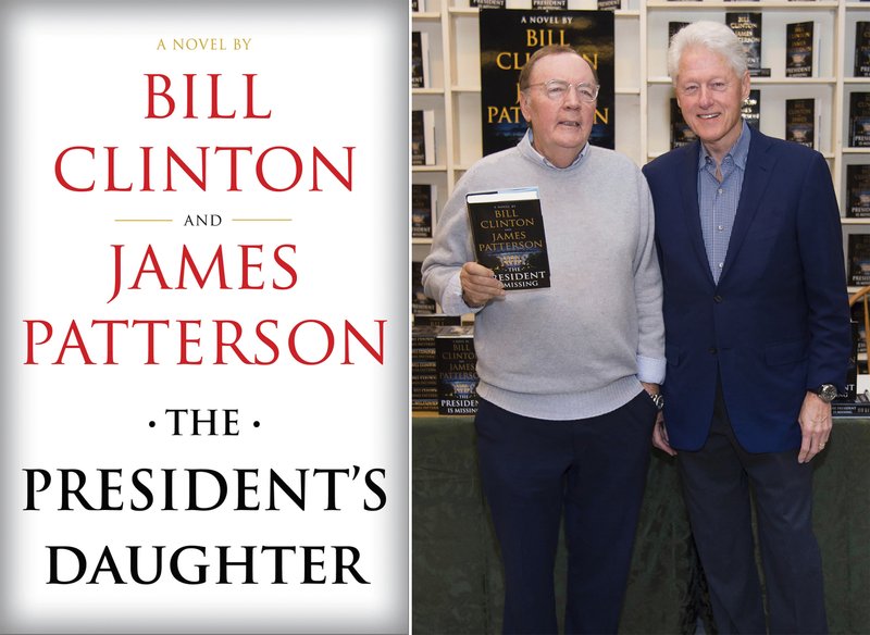 An image released by Knopf shows cover art for "The President's Daughter," the second novel by Bill Clinton and James Patterson, to be released in June 2021, left, and former President Bill Clinton, right, and author James Patterson at a book signing for their first novel "The President is Missing" in Huntington, N.Y. (Knopf via AP, left, and AP Photo)
