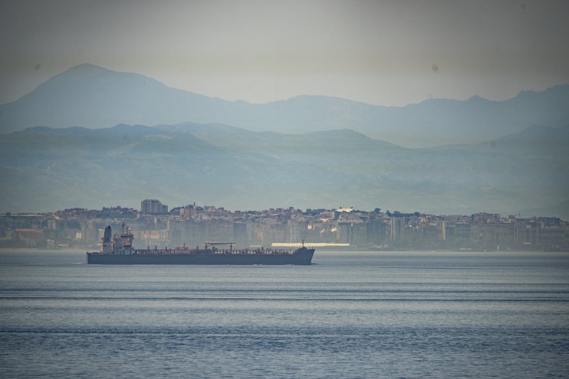 A view of the vessel the Clavel sailing on international waters crossing the Gibraltar stretch on Wednesday, May 20, 2020. Five Iranian tankers likely carrying at least $45.5 million worth of gasoline and similar products are now sailing to Venezuela, part of a wider deal between the two U.S.-sanctioned nations amid heightened tensions between Tehran and Washington. (AP Photo/Marcos Moreno)