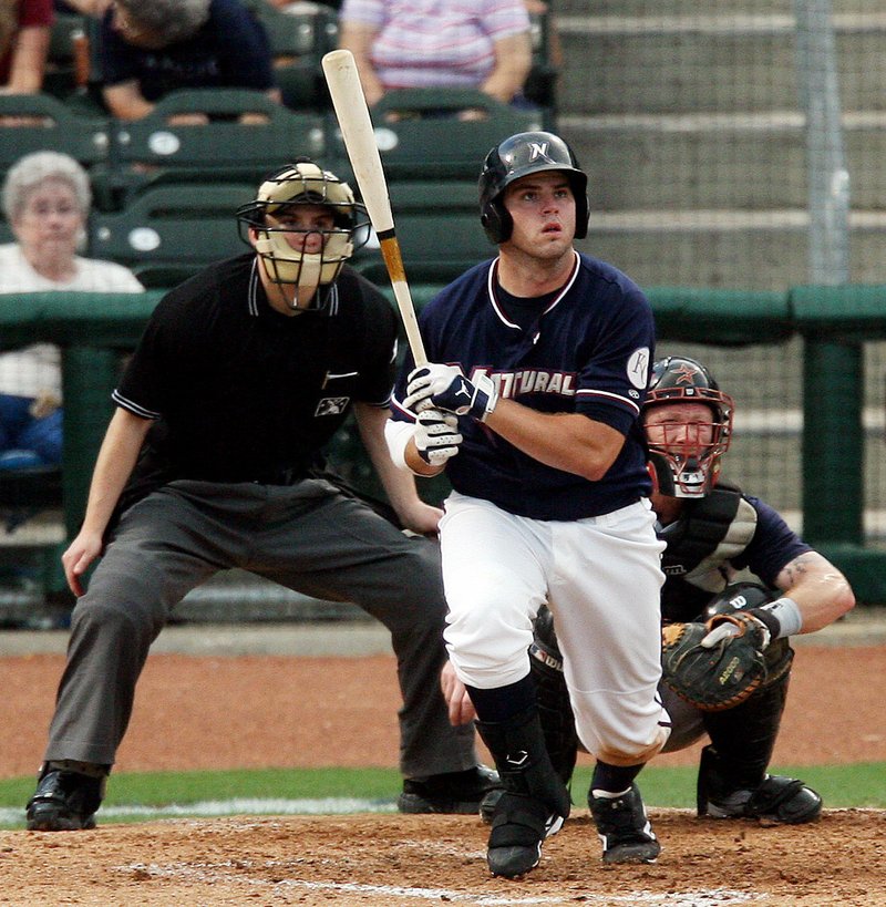 Arkansas Democrat-Gazette/WILLIAM MOORE Northwest Arkansas' Mike Moustakas scorched Texas League pitching for barely a half but still won Player of the Year honors in 2010. He would later help the Kansas City Royals to a pair of World Series appearances and a one championship.