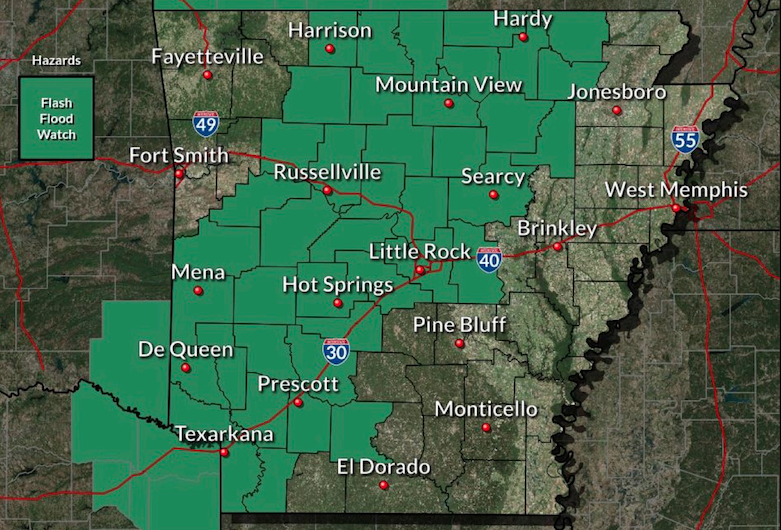 This National Weather Service graphic shows much of the northwestern half of Arkansas under a flash flood watch on Tuesday. 