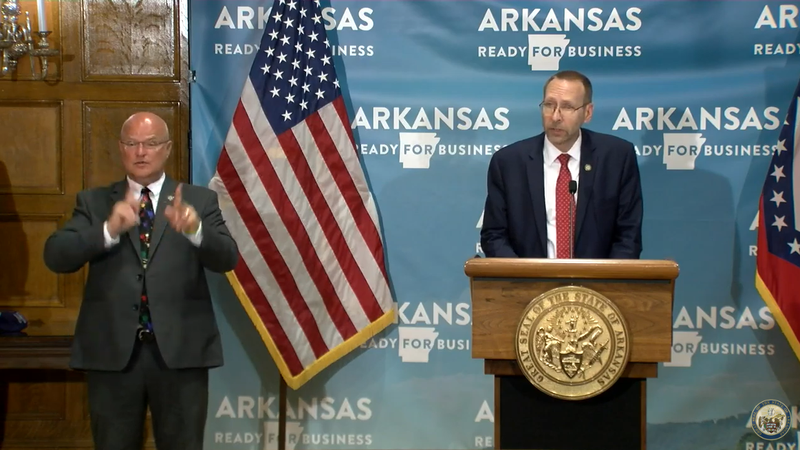 Dr. Nate Smith speaks Tuesday, May 26, 2020, at a press conference about coronavirus response in Arkansas.