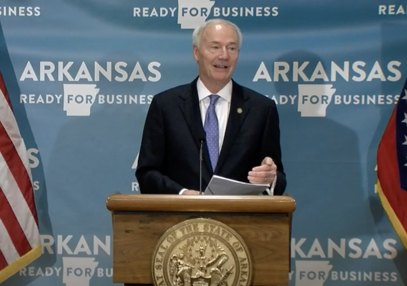 Gov. Asa Hutchinson speaks at the daily coronavirus briefing Thursday. story.lead_photo.caption