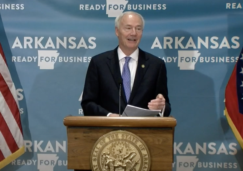 Gov. Asa Hutchinson speaks at the daily coronavirus briefing Thursday.