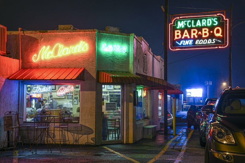 McClard's Bar-B-Q is awash in the glow of neon signs on Jan. 15. - Photo by Grace Brown of The Sentinel-Record
