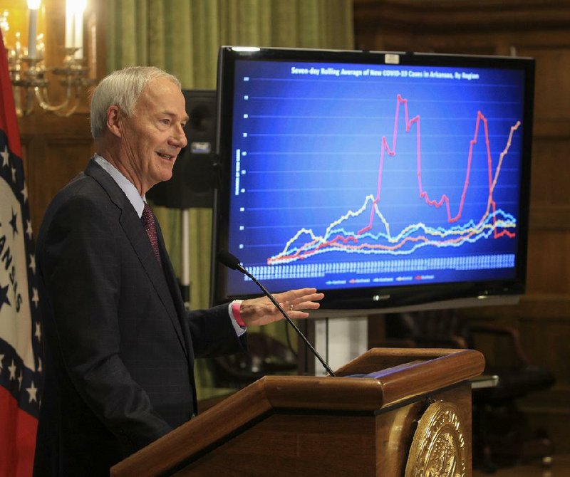 Gov. Asa Hutchinson speaks Friday May 29, 2020 during his daily covid-19 briefing at the state Capitol. The grey line in the graph next to Hutchinson indicates the Southwest public health region’s COVID-19 curve. (Arkansas Democrat-Gazette/Staton Breidenthal)