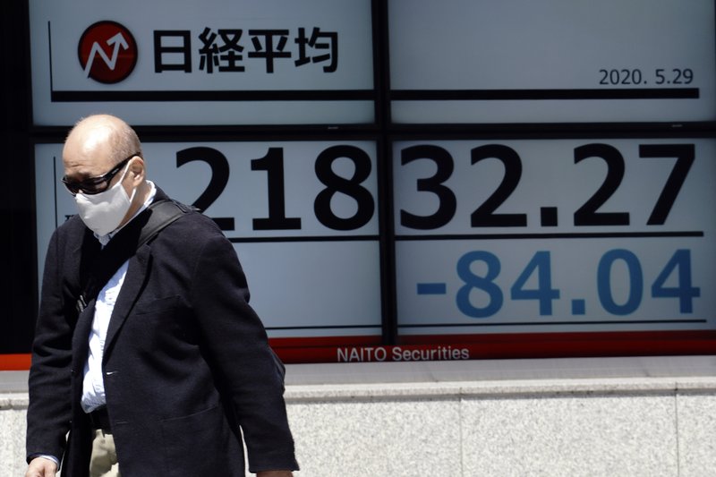 A man walks past an electronic stock board showing Japan's Nikkei 225 index at a securities firm in Tokyo Friday, May 29, 2020. Shares fell Friday in Asia after Wall Street's rally petered out amid worries about flaring U.S.-China tensions. (AP Photo/Eugene Hoshiko)