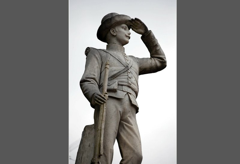 The statue atop the Confederate soldier monument at the University of Mississippi in Oxford, Miss., is seen in this Feb. 23, 2019, file photo. The statue is about 6 1/2 feet tall, and the marble monument on which it stands is about 22 1/2 feet tall. The monument was vandalized Saturday, May 30, 2020.