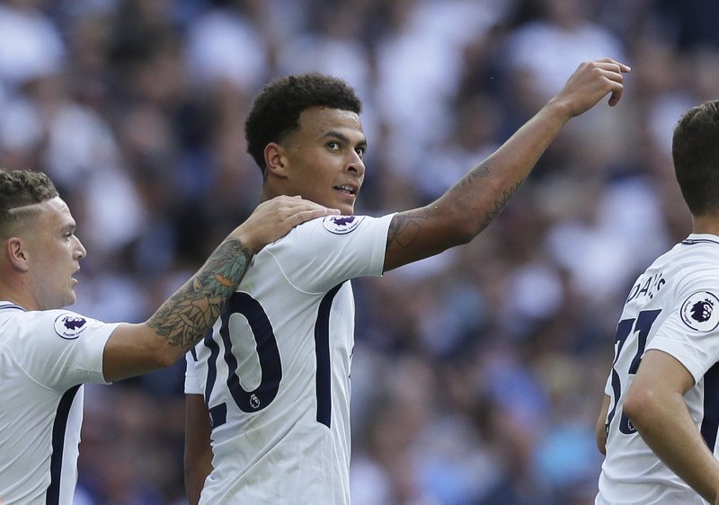 Tottenham Hotspur's Dele Alli celebrates scoring during an Aug. 27, 2017, English Premier League match against Burnley at Wembley Stadium in London. - Photo by Tim Ireland of The Associated Press