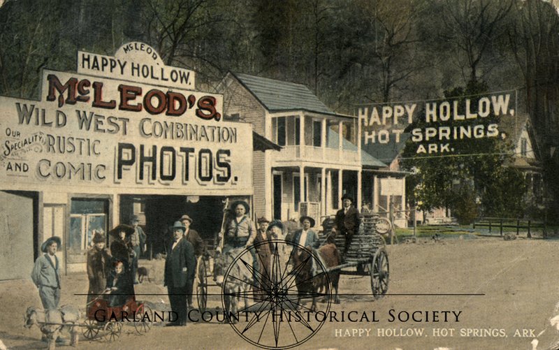 Entrance to Happy Hollow, Norman McLeod on donkey, center. - Photo courtesy of the Garland County Historical Society