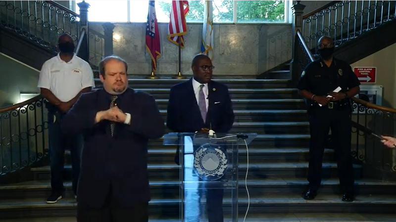 Little Rock Mayor Frank Scott Jr. speaks during a press conference Sunday, May 31, 2020. He is joined by Little Rock Police Chief Keith Humphrey, at right.