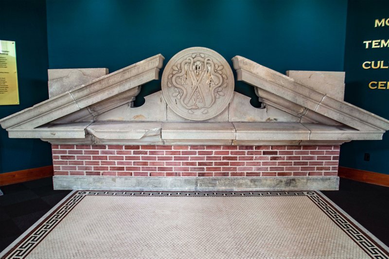 The original pediment was salvaged after the Mosaic Templars Cultural Center burned during removations in 2005. (Arkansas Democrat-Gazette/Cary Jenkins)