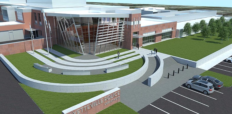 Rendering of the front entrance of the new police headquarters. Photo courtesy the city of Fayetteville.