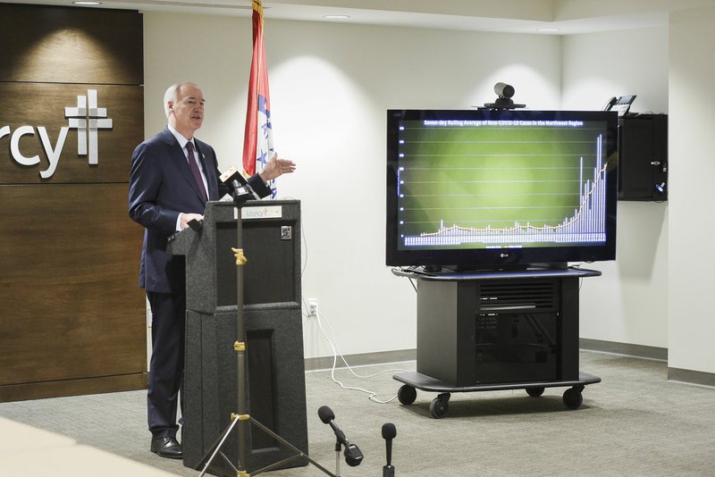 Gov. Asa Hutchinson speaks Monday during a news conference at the Mercy Hospital Northwest Arkansas in Rogers. Go to nwaonline.com/200602Daily/ for today's photo gallery. (NWA Democrat-Gazette/Charlie Kaijo)