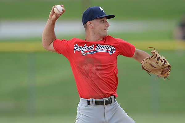 Perfect Timing White shortstop and Arkansas Razorback Robert Moore throws to first Tuesday, June 2, 2020, during play in the College Baseball League at the Randal Tyson Sports Complex in Springdale.