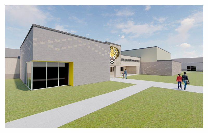 COURTESY ARCHITECTURE PLUS A rendition of what the new Prairie Grove Junior High School will look like. The final outside design could change in some ways, depending on costs of materials, according to school officials.