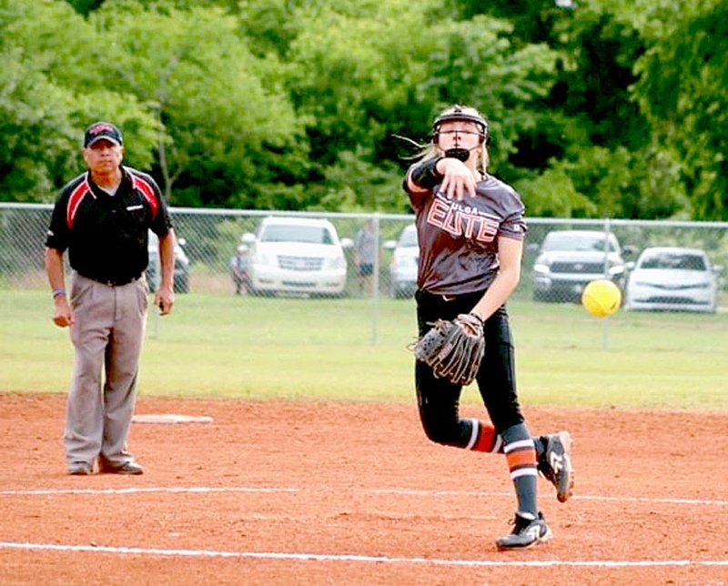 Submitted photo/Travel ball began in the region Memorial Day weekend with restrictions having only one umpire working the entire field from behind the pitcher. Brinkley Moreton, of Summers, shown pitching, played in a tournament held at the Sand Springs Parks &amp; Recreation complex in Sand Springs, Okla. Brinkley hit a home run and helped pitch the Tulsa Elite NWA06 team to the tourney championship by winning seven games on Sunday, May 24.