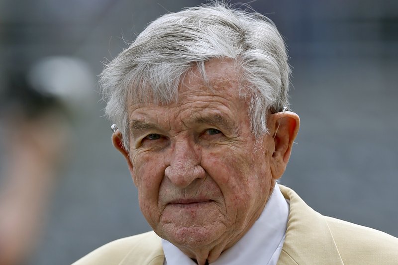 FILE - In this April 14, 2018, file photo, Blue team coach Johnny Majors, a former Pittsburgh NCAA college football coach, is shown before the annual Blue Gold game in Pittsburgh. Majors, the coach of Pittsburgh’s 1976 national championship team and a former coach and star player at Tennessee, has died. He was 85. Majors died Wednesday morning, June 3, 2020, at home in Knoxville, Tenn., according to a statement from his wife, Mary Lynn Majors.(AP Photo/Keith Srakocic, File)