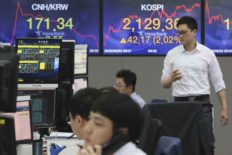 A currency trader passes by screens showing the Korea Composite Stock Price Index, right, and the foreign exchange rate at the foreign exchange dealing room of the KEB Hana Bank headquarters in Seoul, South Korea, Wednesday, June 3, 2020. Asian shares are rising after Wall Street extended its gains for the third straight day, driven by optimism over economies reopening from shutdowns to stem the coronavirus pandemic. (AP Photo/Ahn Young-joon)