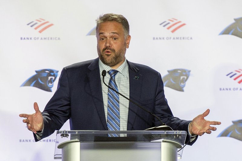 FILE - In this Jan. 8, 2020, file photo, Carolina Panthers NFL football team head coach Matt Rhule talks to the media during a news conference at the teams practice facility in Charlotte, N.C. The transition from being a head coach in college to the NFL is never easy. But it's even more difficult this year for Panthers coach Matt Rhule, who is trying to build a team and some sense of chemistry virtually due to the coronavirus pandemic. (AP Photo/Mike McCarn, File)