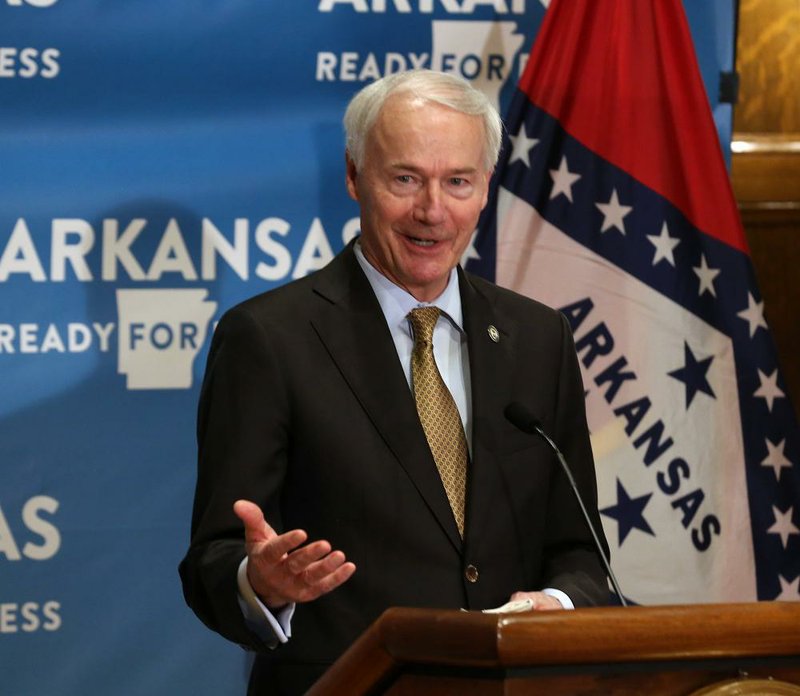 Gov. Asa Hutchinson answers a question during the daily COVID-19 briefing on Thursday, June 4, at the state Capitol in Little Rock. (Arkansas Democrat-Gazette/Thomas Metthe)