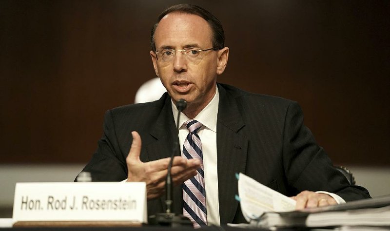 In testimony Wednesday at a Senate Judiciary Committee hearing, former Deputy Attorney General Rod Rosenstein defended the Russia investigation but said he understood President Donald Trump’s frustration, “given the outcome.” More photos at arkansasonline.com/64hearing/.
(AP/Greg Nash)