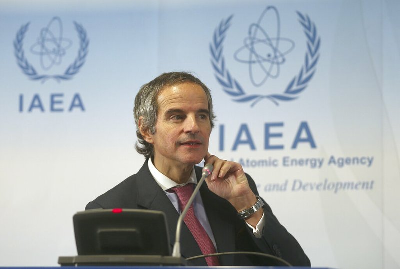 Director General of International Atomic Energy Agency, IAEA, Rafael Mariano Grossi from Argentina, addresses the media during a news conference after a meeting of the IAEA board of governors at the International Center in Vienna, Austria, Monday, March 9, 2020. (AP Photo/Ronald Zak)