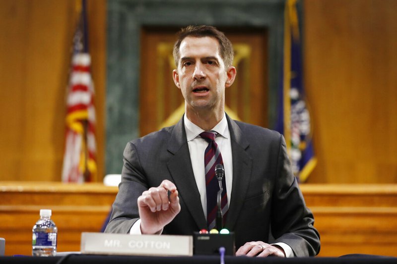 FILE - In this May 5, 2020, file photo Sen. Tom Cotton, R-Ark., speaks during a Senate Intelligence Committee nomination hearing for Rep. John Ratcliffe, R-Texas, on Capitol Hill in Washington. Cotton has risen to the ranks of potential 2024 Republican presidential contenders by making all the right enemies. Now, the Arkansas lawmaker is making more by lining up behind President Donald Trump’s law and order recipe for controlling civic unrest (AP Photo/Andrew Harnik, Pool, File)