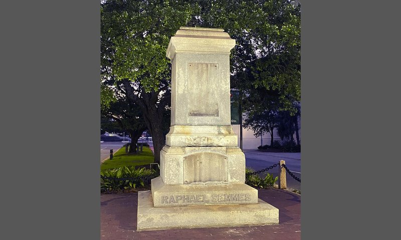 The pedestal for the statue of Admiral Raphael Semmes stands empty early Friday, June 5, 2020 in Mobile, Ala. The city of Mobile removed the Confederate statue early Friday, without making any public announcements.