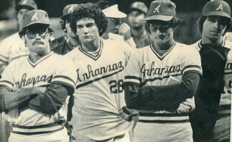 Members of the Arkansas baseball team react after the Razorbacks lost 2-1 to Cal State Fullerton in the College Baseball World Series championship June 8, 1979, in Omaha, Neb.
(AP file photo)