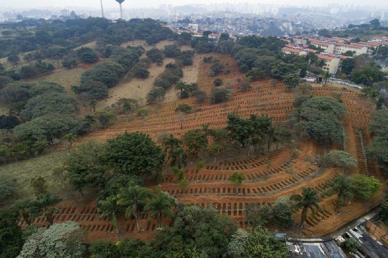 Newly dug graves fill the Sao Luiz cemetery Thursday in Sao Paulo. Brazil reported 1,349 deaths, yet another record, raising the confirmed death toll to more than 32,500, a number some experts believe is undercounted.
(AP/Andre Penner)