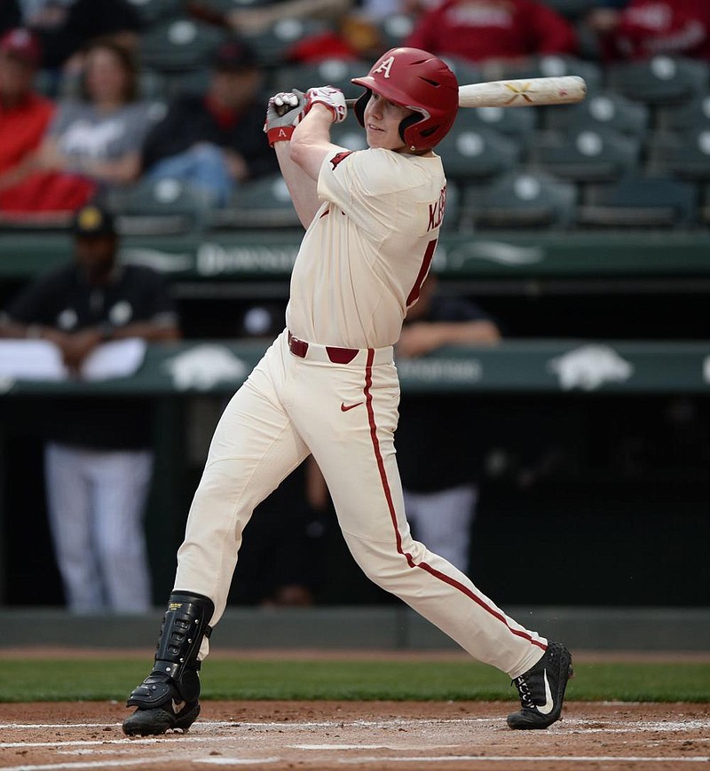 Heston Kjerstad of the University of Arkansas is expected to be taken in this week’s Major League Baseball Draft. Round 1 begins at 6 p.m. Central on Wednesday, with rounds 2-5 starting at 4 p.m. Central on Thursday. All ve rounds can be seen on ESPN and MLB Network. (NWA Democrat-Gazette/Andy Shupe) 
