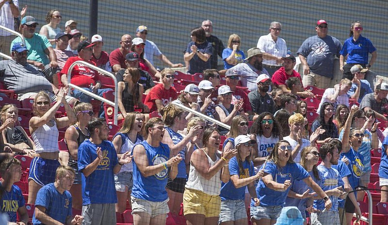 Sheridan fans cheer as the Lady Yellowjackets defeated Greenwood in 2019 for the Class 5A state softball championship, their fourth consecutive title. Since 2016, the Lady Yellowjackets have gone 111-18-1. (NWA Democrat-Gazette/Ben Goff) 
