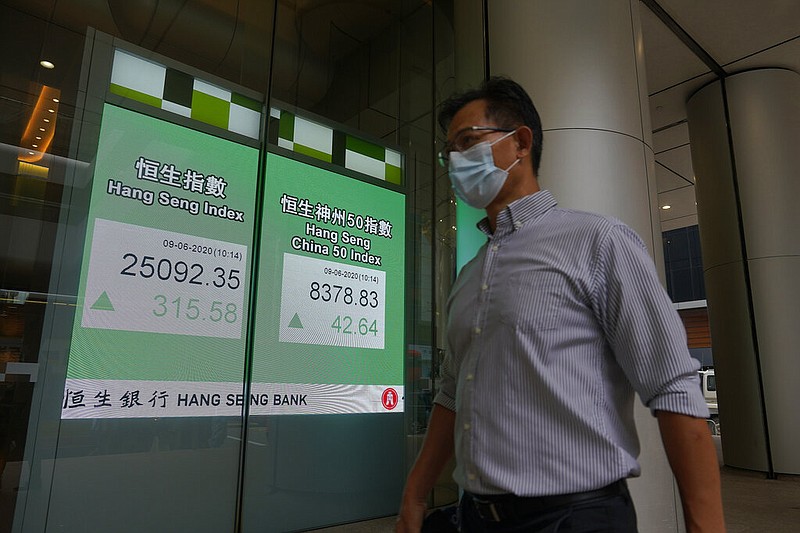 A man wearing a face mask walks past a bank electronic board showing the Hong Kong share index at Hong Kong Stock Exchange Tuesday, June 9, 2020.


