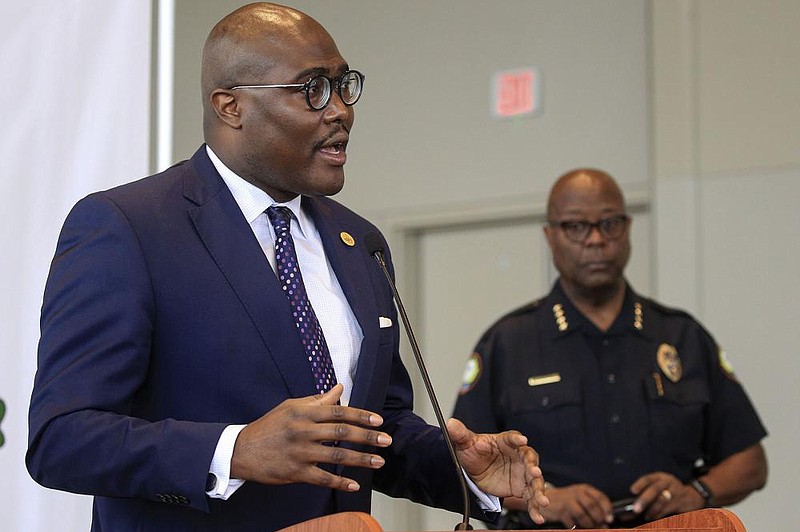 Mayor Frank Scott Jr., left, speaks Monday June 8, 2020 along with Little Rock Police Chief Keith Humphrey at a press conference in Little Rock. (Arkansas Democrat-Gazette/Staton Breidenthal)