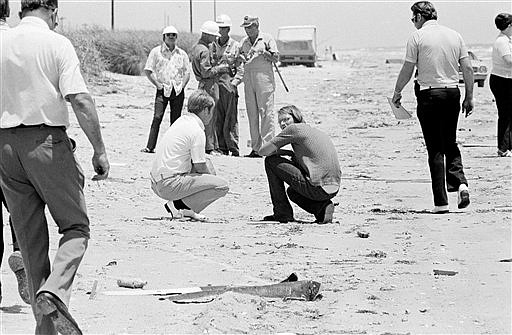 David Owen Brooks (squatting right), 18, talks to a law enforcement official as police search the beach for bodies in High Island, Texas, in this Aug. 10, 1973, file photo. Brooks was implicated with Elmer Wayne Henley and Dean Corll in the murders of at least 28 young men. The bodies were discovered in three different locations in Texas.


