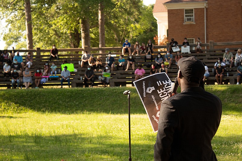 Joe Beasley of Magnolia sings "Glory" to the crowd during a Black Lives Matter vigil held at the Greek Theatre on the SAU campus Sunday evening. (Rhett Gentry/Banner-News)

